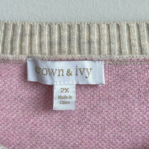 Crown & Ivy Women's Plus Size 2X Pink Heart Pearl Embellished Sweater Preppy - Picture 3 of 14